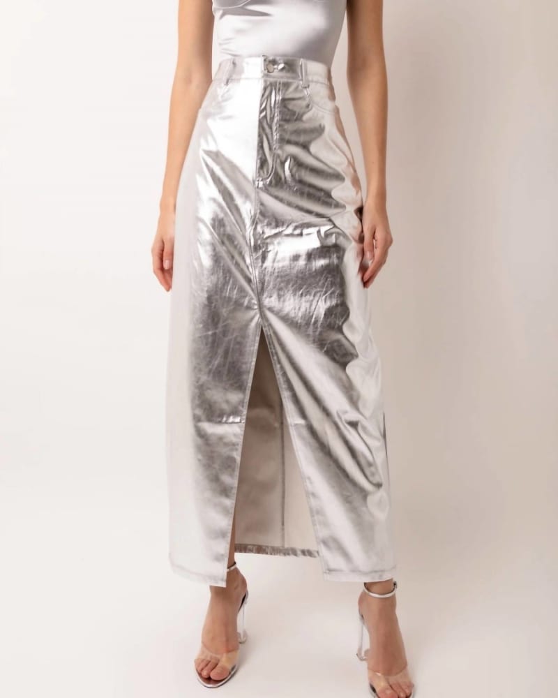 Front of a model wearing a size Large Lupe Metallic Maxi Skirt In Silver in Silver by AMYLYNN. | dia_product_style_image_id:347650
